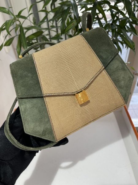 画像1: 【美品】HERMES エルメス ラプソディ ドブリス×リザード グリーン×フィセル ゴールド金具 O刻印〇 コンビ ヴィンテージ 中古 ショルダーバッグ ポシェット パーティバッグ レディース 女性用 ブランド 本革 エキゾチックレザー 緑 ベージュ 希少 レア バック (1)