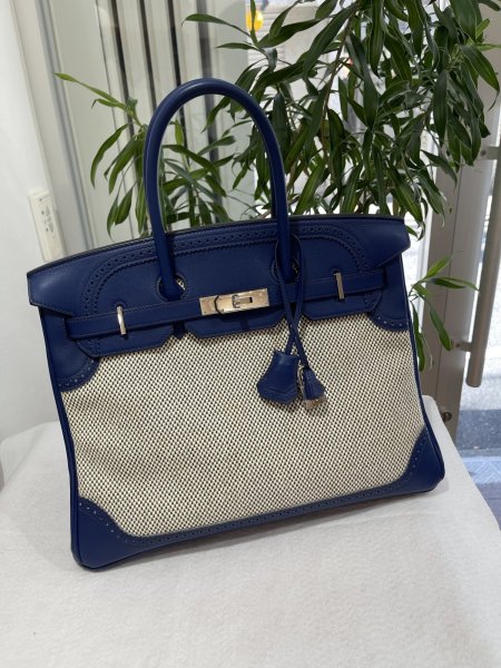 画像1: 【美品】HERMES エルメス バーキン 35 ギリーズ スイフト×トワルアッシュ ブルーサフィール シルバー金具 R刻印□ コンビ バイカラー 中古 ハンドバッグ トートバッグ レディース 女性用 ブランド 青 本革 レザー 希少 レア プレゼント ギフト バック (1)